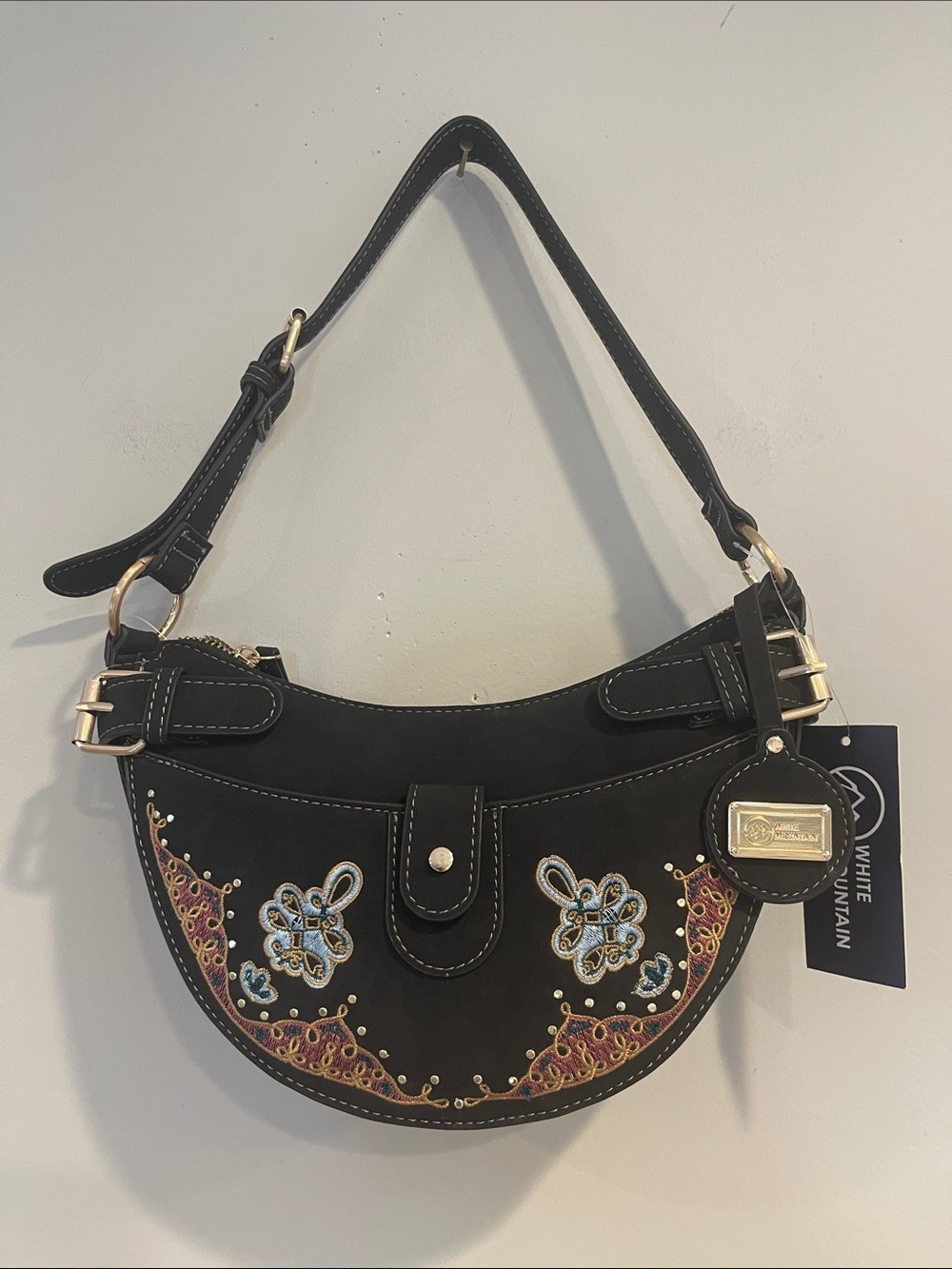 NWT White Mountain Black Embroidered Crescent Shoulder Bag